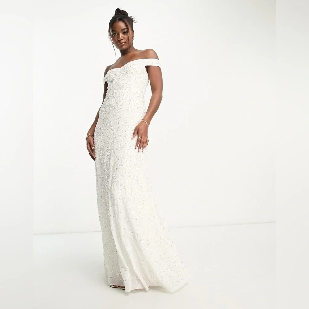 Maya Bridal bardot fishtail embellished maxi dress in Ivory size 6 NWT SOLD OUT - Picture 1 of 10